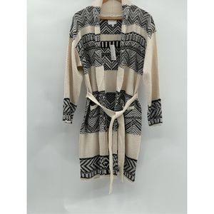 Pink Rose Sweater Cardigan Women Medium Off White Black Long Belted Boho New